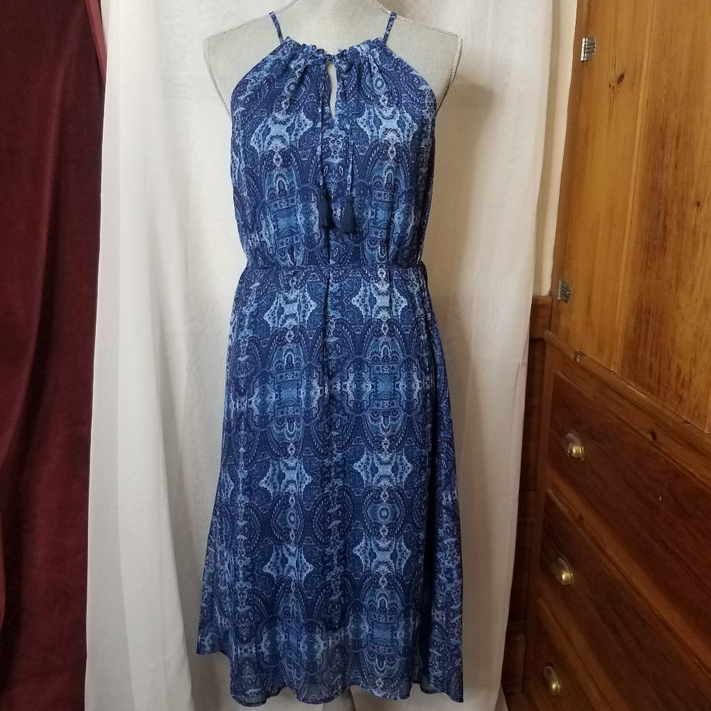 Lucky Brand Blue Pattern Longer in the Back Dress Lined with Sheer Finish